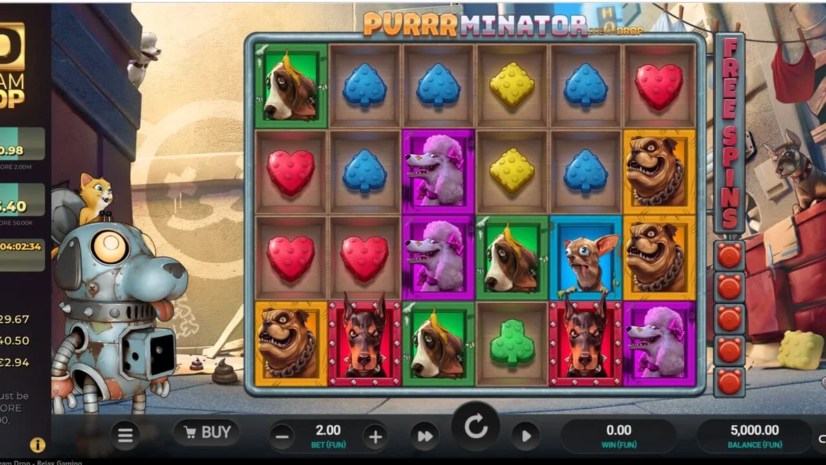 Tela de jogo do slot Purrrminator Dream Drop com tema cyberpunk