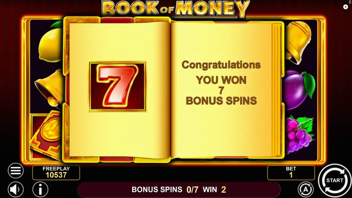 Interface do jogo Book of Money com símbolos de frutas e livros antigos